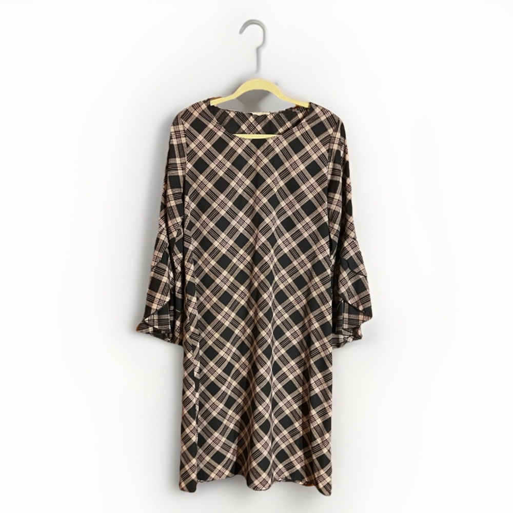 Plaid Knee Length Shift Dress | Navy Blue, Tan, and Pink| Flowy Sleeve